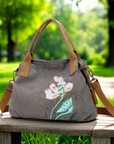 Floral Tote – Versatile Handbag with Paint Bloom Design - Gray